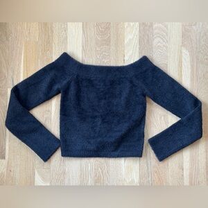 Good American Fuzzy Off-the-Shoulder Black Cropped Sweater Top XS